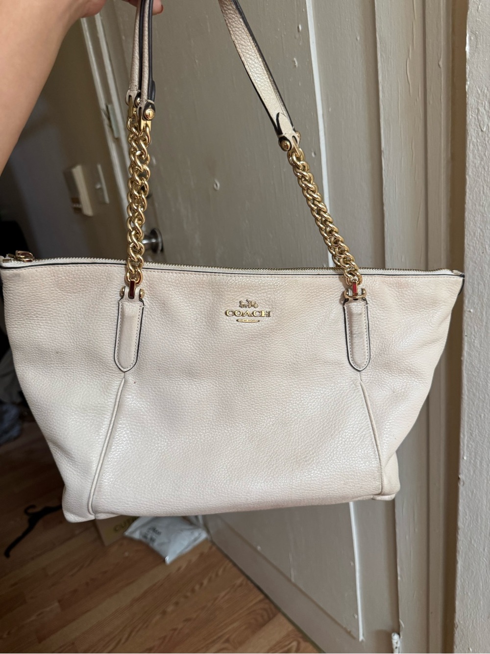 Coach Cream Pebbled Leather Chain-Handle Tote